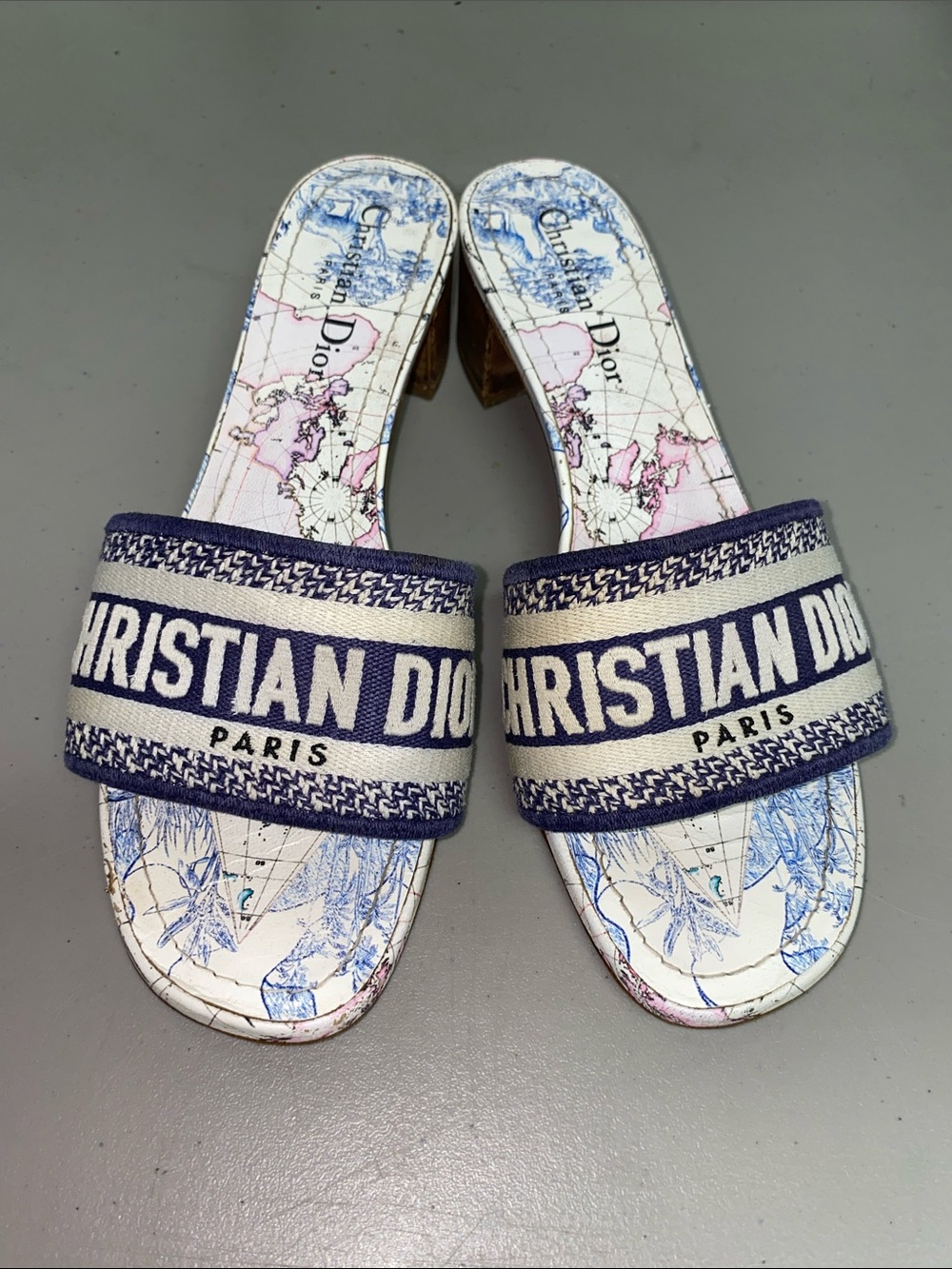 Christian Dior Paris Logo Slide Heeled Sandals in Navy & White